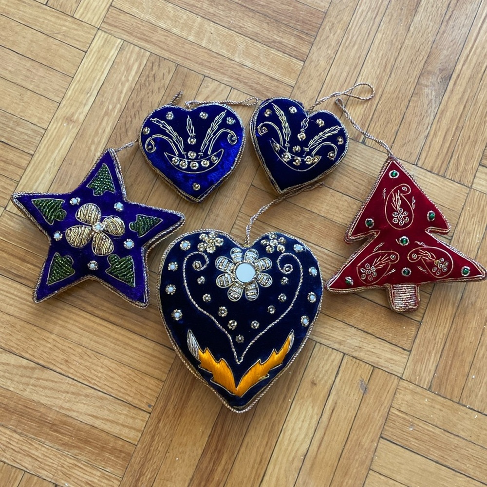 5 Velvet Embellished Ornaments Beaded Embroidered Christmas Star Tree Heart